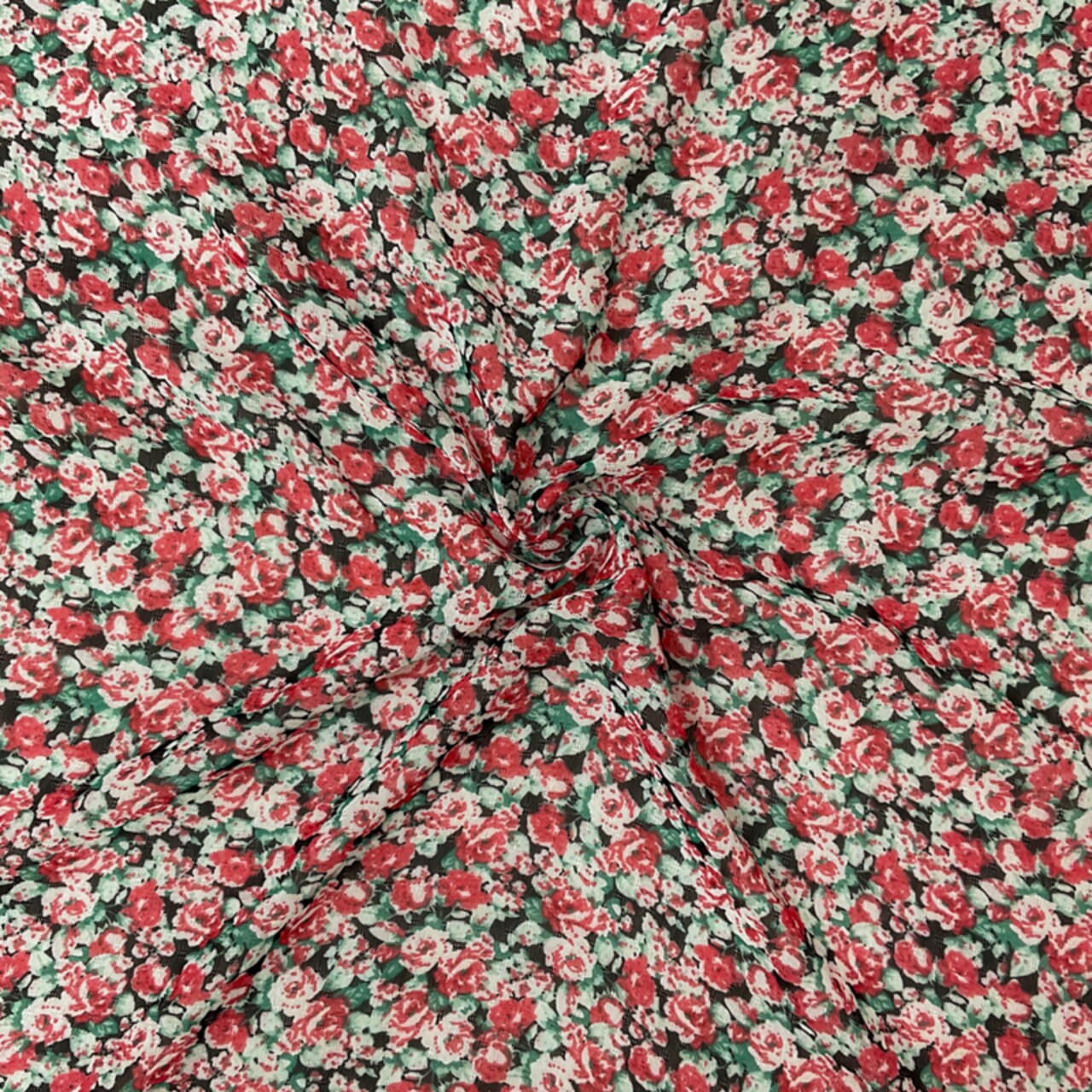 Red-Multi Poly Stripe Floral Border Printed Dobby Chiffon Woven Fabric By the Yard